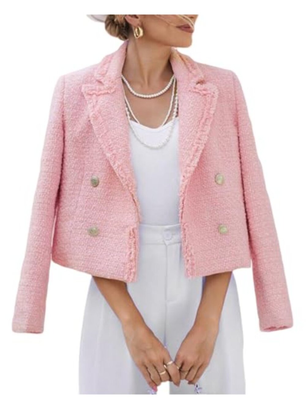 Tweed Cropped Blazer Fringe Trim Double Breasted Office Casual